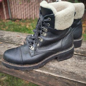 Frye Samatha black leather & Shearling lace-up boots